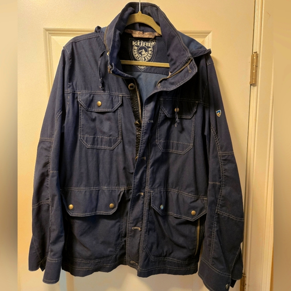 KUHL Men's Kollusion Jacket Coat Blue Stow Away Hood Size Medium